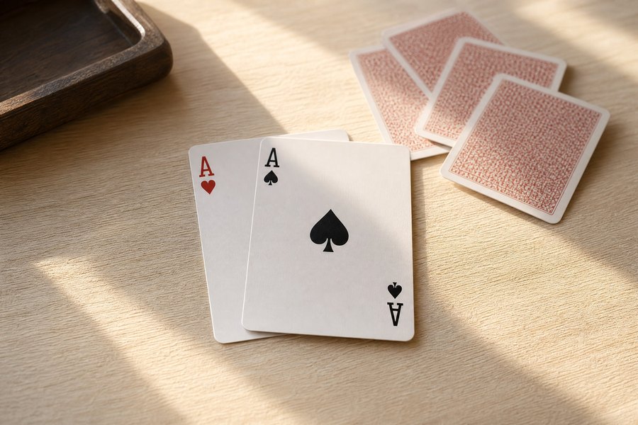 木桌上摊开的两张底牌与散落的牌堆